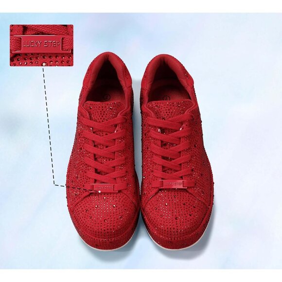 Women's Red Platform Rhinestone Fashion Glitter Sneakers Sparkly Shiny Shoes - Picture 7 of 9